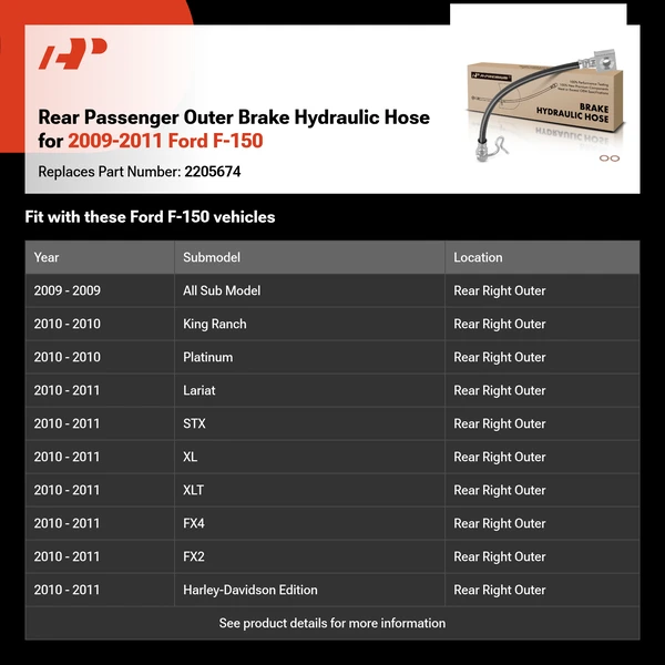 Rear Passenger Outer Brake Hydraulic Hose for 2009-2011 Ford F-150