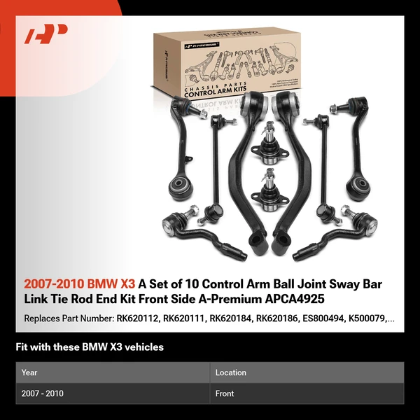 2007-2010 BMW X3 A Set of 10 Control Arm Ball Joint Sway Bar Link Tie Rod End Kit Front Side A-Premium APCA4925