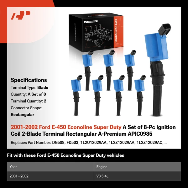 2001-2002 Ford E-450 Econoline Super Duty A Set of 8-Pc Ignition Coil 2-Blade Terminal Rectangular A-Premium APIC0985