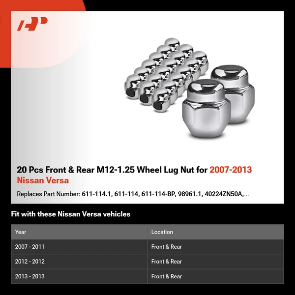 20 Pcs Front & Rear M12-1.25 Wheel Lug Nut for 2007-2013 Nissan Versa