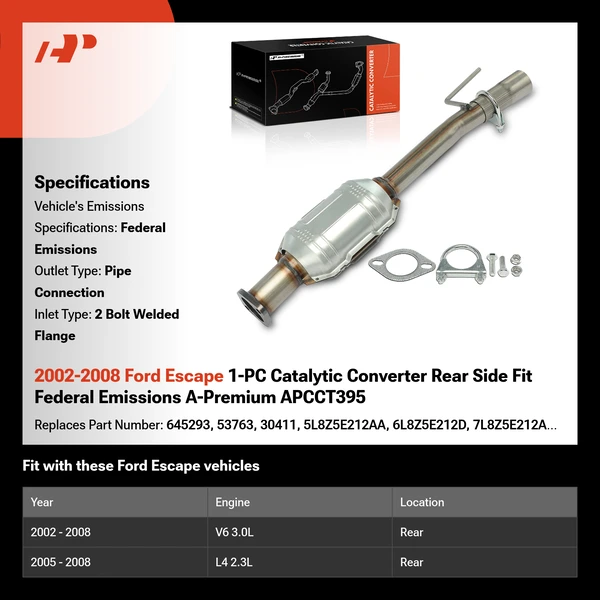 2002-2008 Ford Escape 1-PC Catalytic Converter Rear Side Fit Federal Emissions A-Premium APCCT395