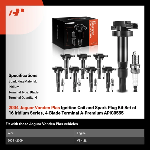 2004 Jaguar Vanden Plas Ignition Coil and Spark Plug Kit Set of 16 Iridium Series, 4-Blade Terminal A-Premium APIC0555