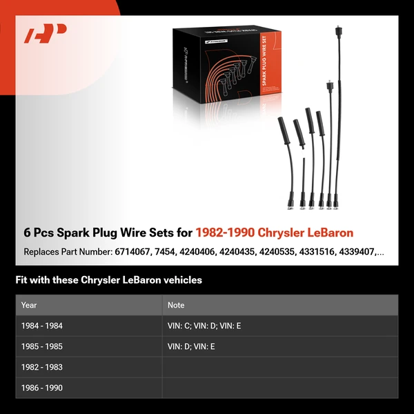 6 Pcs Spark Plug Wire Sets for 1982-1990 Chrysler LeBaron