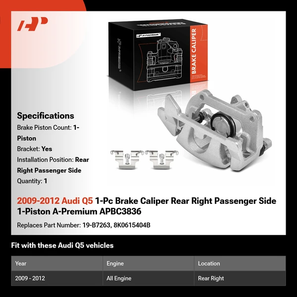 2009-2012 Audi Q5 1-Pc Brake Caliper Rear Right Passenger Side 1-Piston A-Premium APBC3836