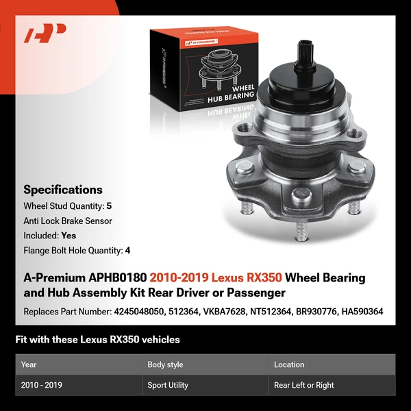 A-Premium APHB0180 2010-2019 Lexus RX350 Wheel Bearing and Hub Assembly Kit Rear Driver or Passenger