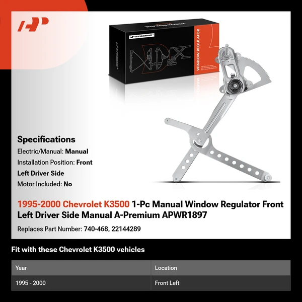 1995-2000 Chevrolet K3500 1-Pc Manual Window Regulator Front Left Driver Side Manual A-Premium APWR1897