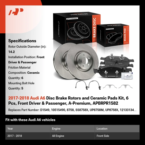 2017-2018 Audi A6 Disc Brake Rotors and Ceramic Pads Kit, 6 Pcs, Front Driver & Passenger, A-Premium, APBRPR1582