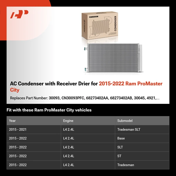 AC Condenser with Receiver Drier for 2015-2022 Ram ProMaster City