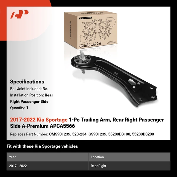 2017-2022 Kia Sportage 1-Pc Trailing Arm, Rear Right Passenger Side A-Premium APCA5566