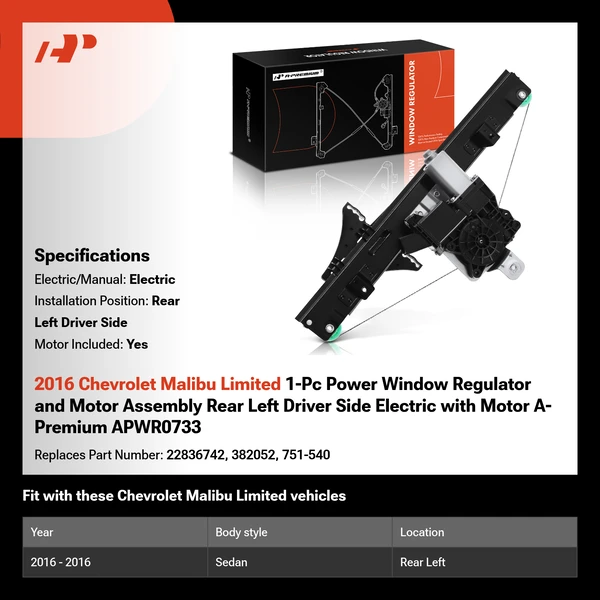 2016 Chevrolet Malibu Limited 1-Pc Power Window Regulator and Motor Assembly Rear Left Driver Side Electric with Motor A-Premium APWR0733