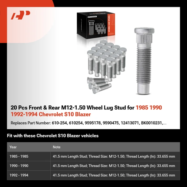 20 Pcs Front & Rear M12-1.50 Wheel Lug Stud for 1985 1990 1992-1994 Chevrolet S10 Blazer