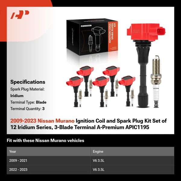 2009-2023 Nissan Murano Ignition Coil and Spark Plug Kit Set of 12 Iridium Series, 3-Blade Terminal A-Premium APIC1195