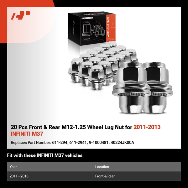20 Pcs Front & Rear M12-1.25 Wheel Lug Nut for 2011-2013 INFINITI M37