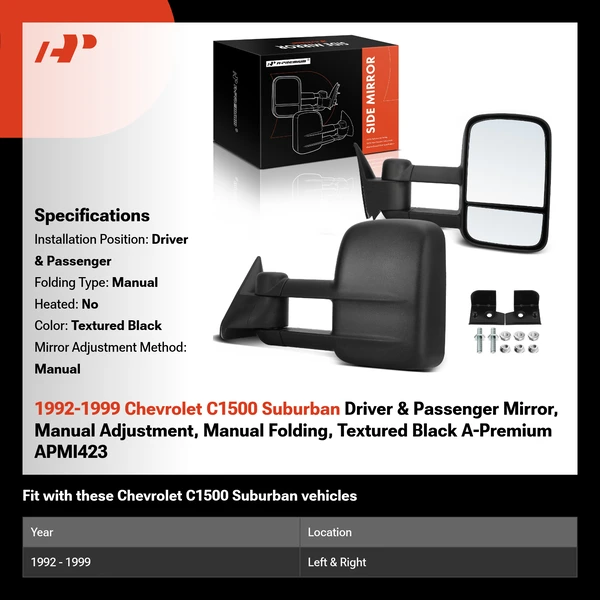 1992-1999 Chevrolet C1500 Suburban Driver & Passenger Mirror, Manual Adjustment, Manual Folding, Textured Black A-Premium APMI423