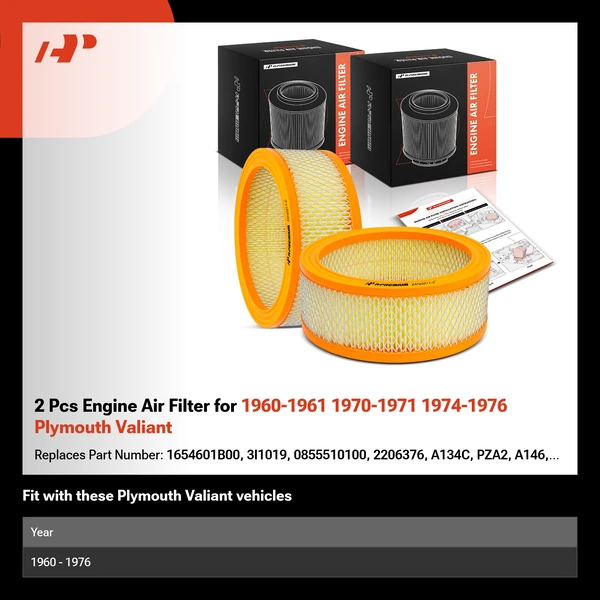 2 Pcs Engine Air Filter for 1960-1961 1970-1971 1974-1976 Plymouth Valiant