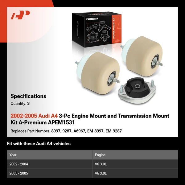 2002-2005 Audi A4 3-Pc Engine Mount and Transmission Mount Kit A-Premium APEM1531