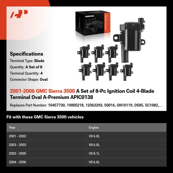 2001-2006 GMC Sierra 3500 A Set of 8-Pc Ignition Coil 4-Blade Terminal Oval A-Premium APIC0138