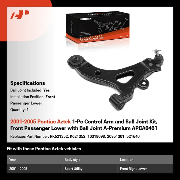 2001-2005 Pontiac Aztek 1-Pc Control Arm and Ball Joint Kit, Front Passenger Lower with Ball Joint A-Premium APCA0461