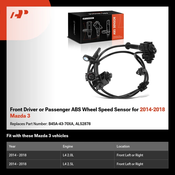Front Driver or Passenger ABS Wheel Speed Sensor for 2014-2018 Mazda 3