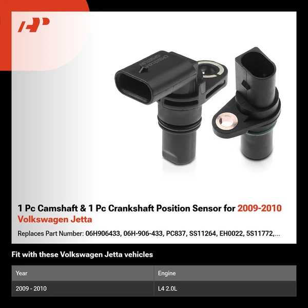 1 Pc Camshaft & 1 Pc Crankshaft Position Sensor for 2009-2010 Volkswagen Jetta