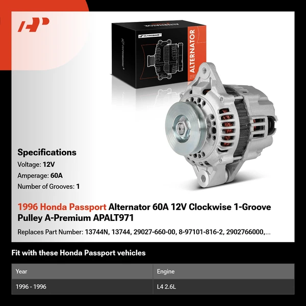 1996 Honda Passport Alternator 60A 12V Clockwise 1-Groove Pulley A-Premium APALT971