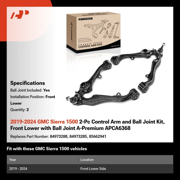 2019-2024 GMC Sierra 1500 2-Pc Control Arm and Ball Joint Kit, Front Lower with Ball Joint A-Premium APCA6368