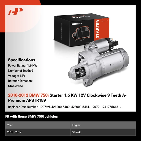 2010-2012 BMW 750i Starter 1.6 KW 12V Clockwise 9 Teeth A-Premium APSTR189
