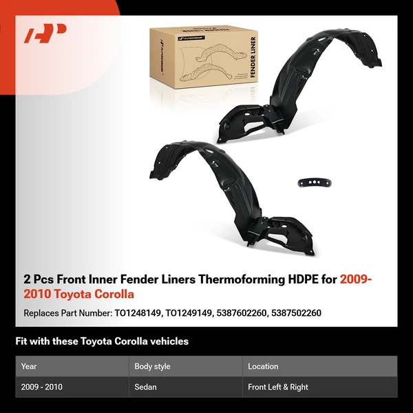 2 Pcs Front Inner Fender Liners Thermoforming HDPE for 2009-2010 Toyota Corolla