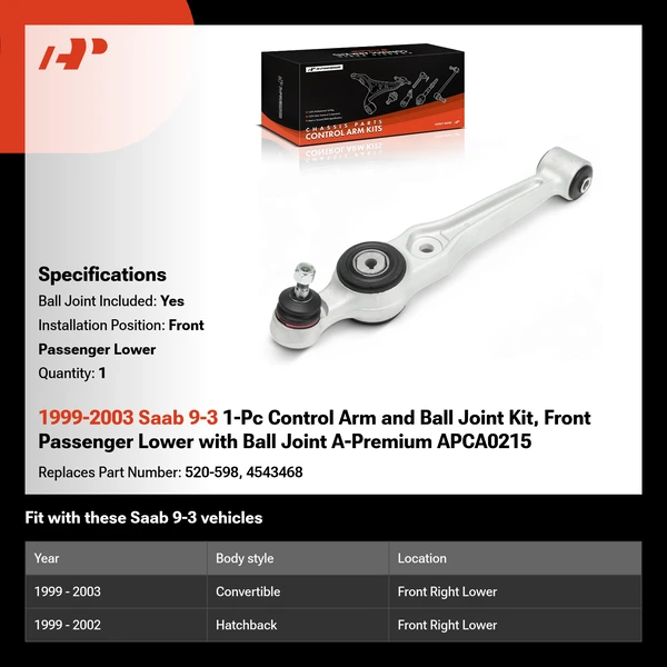 1999-2003 Saab 9-3 1-Pc Control Arm and Ball Joint Kit, Front Passenger Lower with Ball Joint A-Premium APCA0215