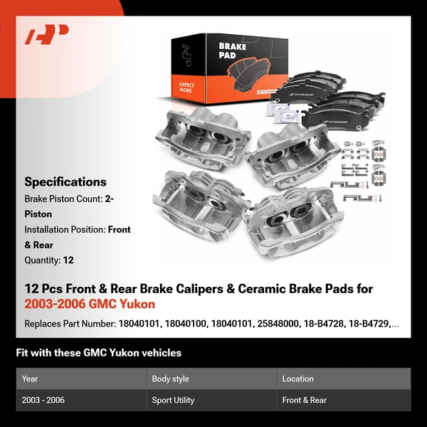 12 Pcs Front & Rear Brake Calipers & Ceramic Brake Pads for 2003-2006 GMC Yukon