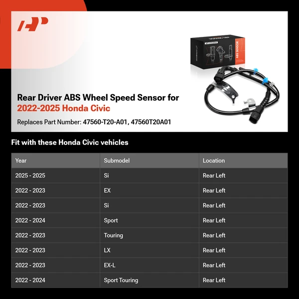Rear Driver ABS Wheel Speed Sensor for 2022-2025 Honda Civic
