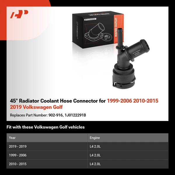 45° Radiator Coolant Hose Connector for 1999-2006 2010-2015 2019 Volkswagen Golf