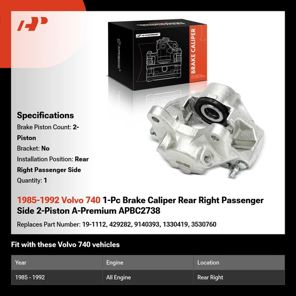 1985-1992 Volvo 740 1-Pc Brake Caliper Rear Right Passenger Side 2-Piston A-Premium APBC2738