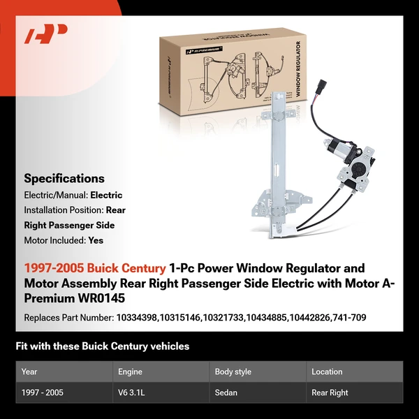 1997-2005 Buick Century 1-Pc Power Window Regulator and Motor Assembly Rear Right Passenger Side Electric with Motor A-Premium WR0145