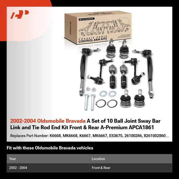 2002-2004 Oldsmobile Bravada A Set of 10 Ball Joint Sway Bar Link and Tie Rod End Kit Front & Rear A-Premium APCA1861