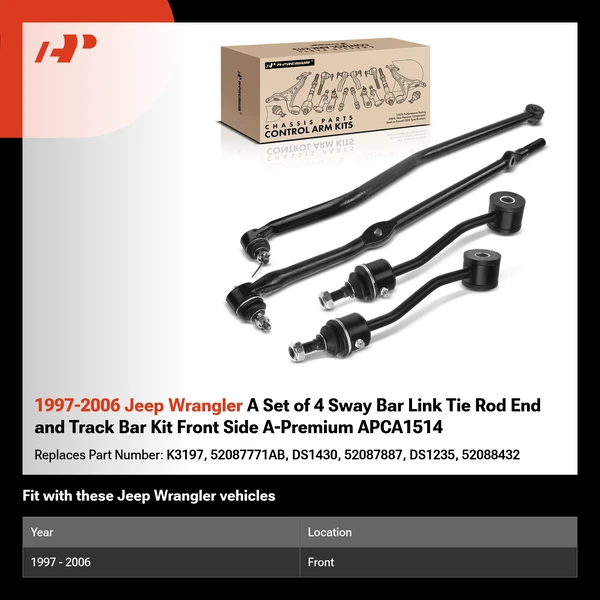 1997-2006 Jeep Wrangler A Set of 4 Sway Bar Link Tie Rod End and Track Bar Kit Front Side A-Premium APCA1514