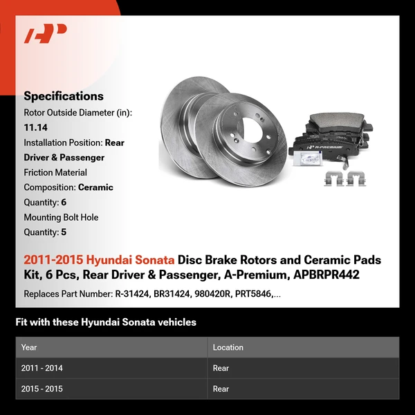 2011-2015 Hyundai Sonata Disc Brake Rotors and Ceramic Pads Kit, 6 Pcs, Rear Driver & Passenger, A-Premium, APBRPR442