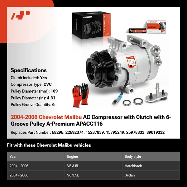 2004-2006 Chevrolet Malibu AC Compressor with Clutch with 6-Groove Pulley A-Premium APACC116