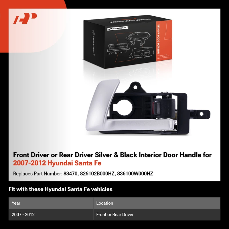 Front Driver or Rear Driver Silver & Black Interior Door Handle for 2007-2012 Hyundai Santa Fe