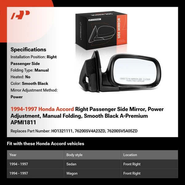 1994-1997 Honda Accord Right Passenger Side Mirror, Power Adjustment, Manual Folding, Smooth Black A-Premium APMI1811