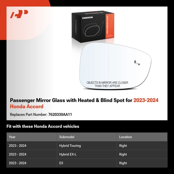 Passenger Mirror Glass with Heated & Blind Spot for 2023-2024 Honda Accord