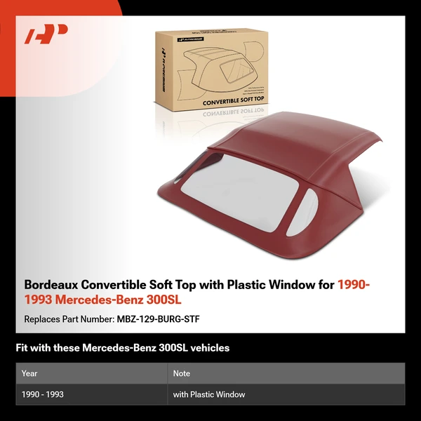 Bordeaux Convertible Soft Top with Plastic Window for 1990-1993 Mercedes-Benz 300SL