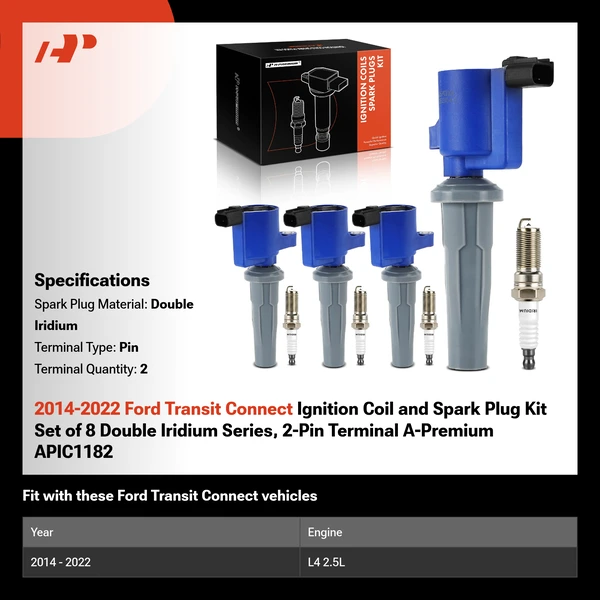 2014-2022 Ford Transit Connect Ignition Coil and Spark Plug Kit Set of 8 Double Iridium Series, 2-Pin Terminal A-Premium APIC1182