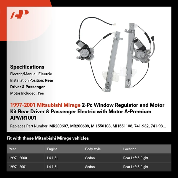 1997-2001 Mitsubishi Mirage 2-Pc Window Regulator and Motor Kit Rear Driver & Passenger Electric with Motor A-Premium APWR1001