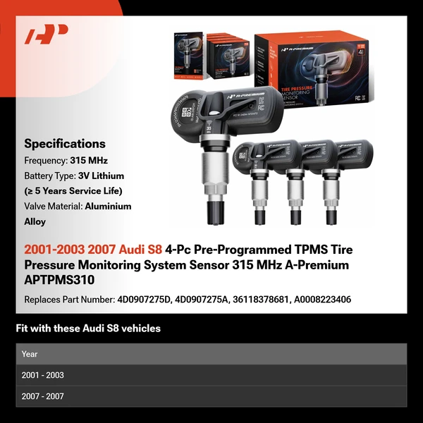 2001-2003 2007 Audi S8 4-Pc Pre-Programmed TPMS Tire Pressure Monitoring System Sensor 315 MHz A-Premium APTPMS310