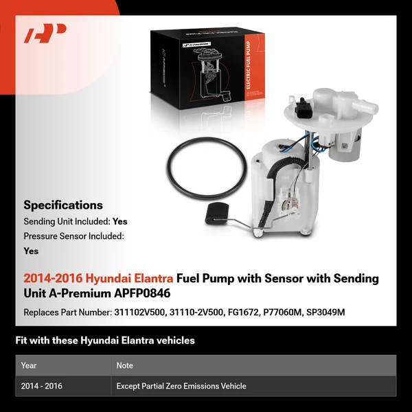 2014-2016 Hyundai Elantra Fuel Pump with Sensor with Sending Unit A-Premium APFP0846