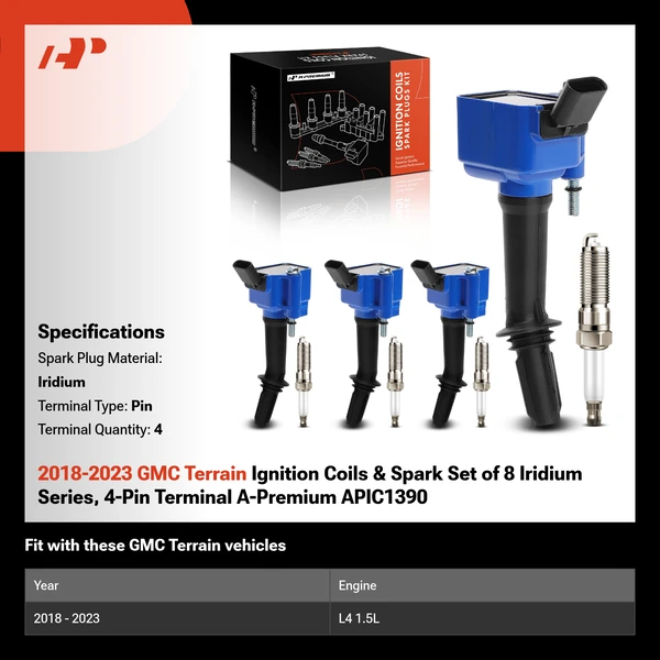 2018-2023 GMC Terrain Ignition Coils & Spark Set of 8 Iridium Series, 4-Pin Terminal A-Premium APIC1390
