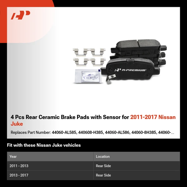 4 Pcs Rear Ceramic Brake Pads with Sensor for 2011-2017 Nissan Juke