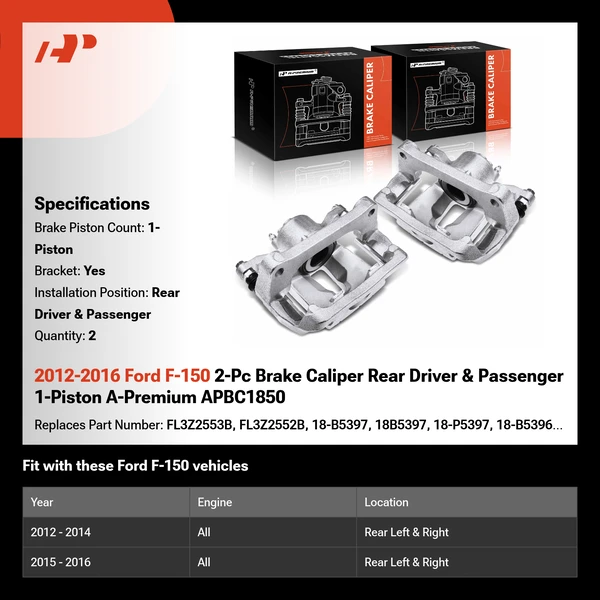 2012-2016 Ford F-150 2-Pc Brake Caliper Rear Driver & Passenger 1-Piston A-Premium APBC1850