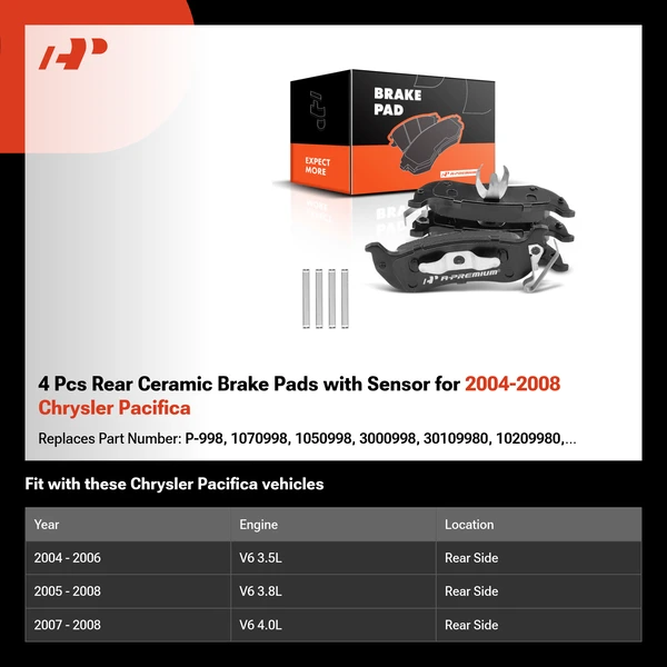 4 Pcs Rear Ceramic Brake Pads with Sensor for 2004-2008 Chrysler Pacifica